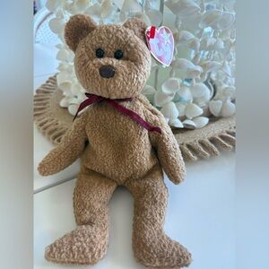 Ty Tan Bear with Burgundy Ribbon- Curly Beanie Baby 1996